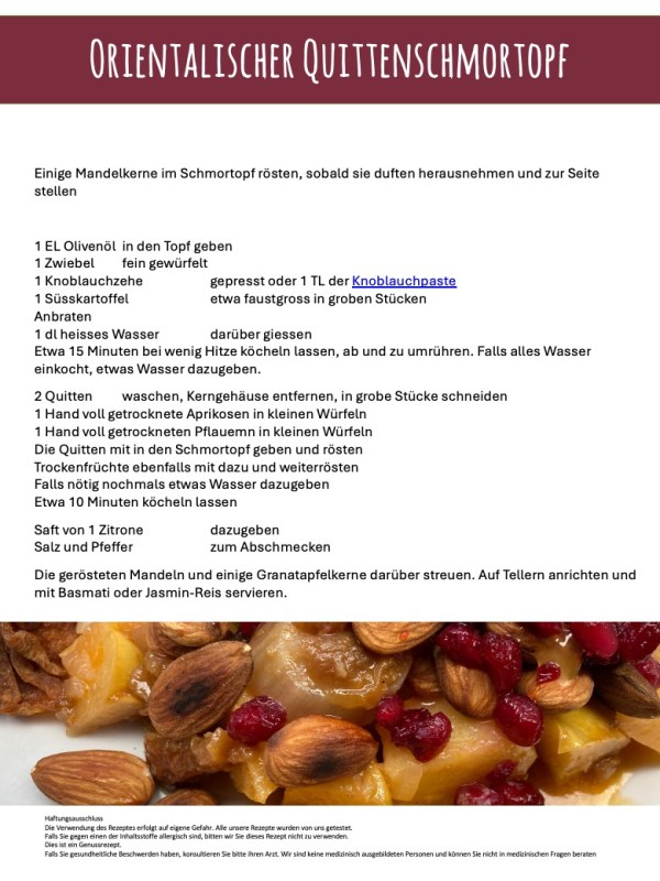 Rezept für Quitten Schmortopf mit Süsskartoffeln, getrockneten Früchten, Mandel- und Granatapfelkernen